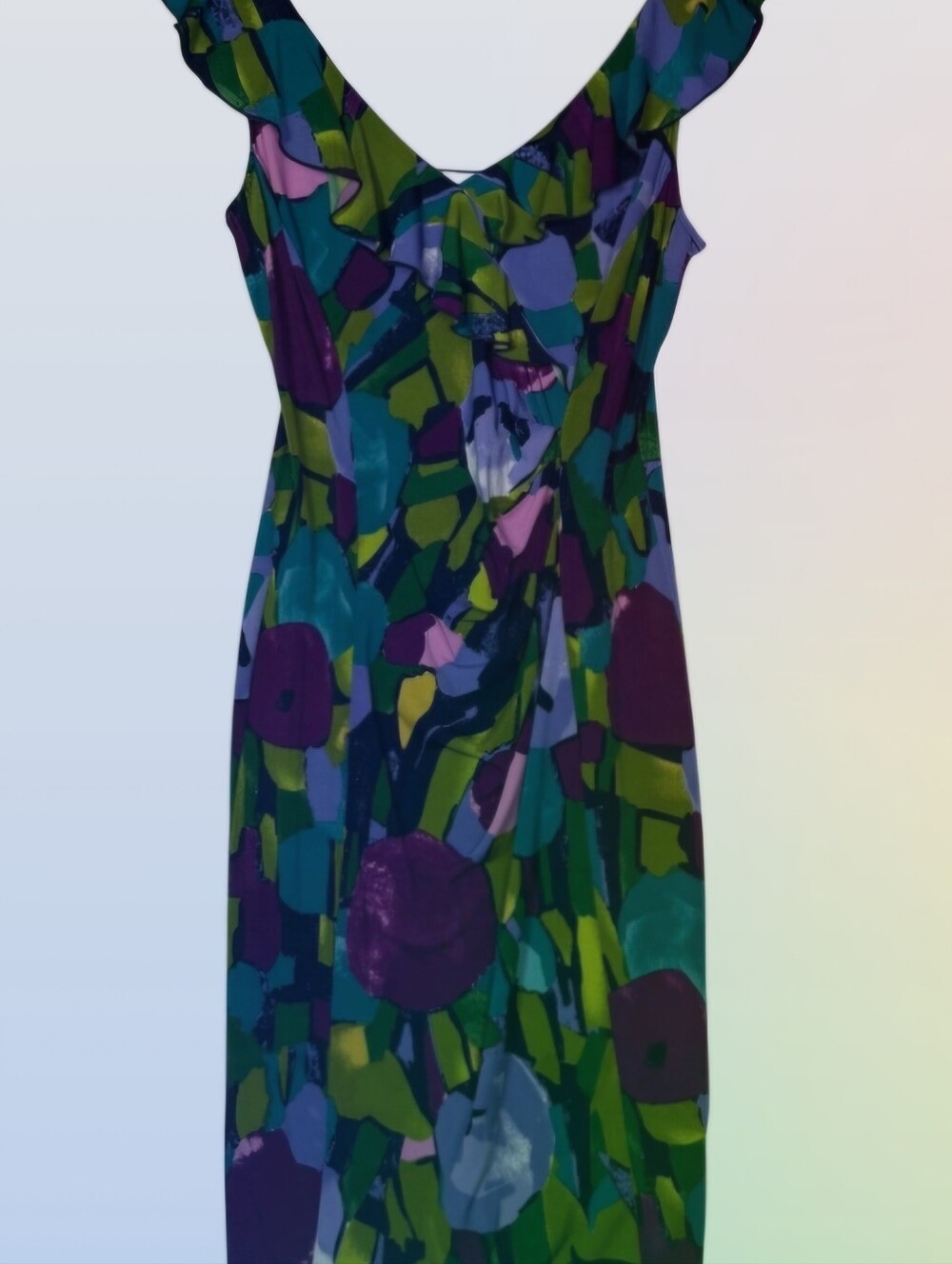 Dressbarn Size 6 Abstract Floral Ruffle Dress - Green Blue Purple